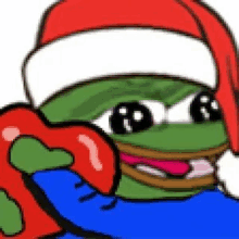 the frog is wearing a santa hat and holding a red heart .