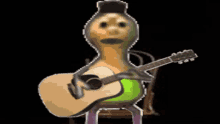 a cartoon character is holding an acoustic guitar in a dark room