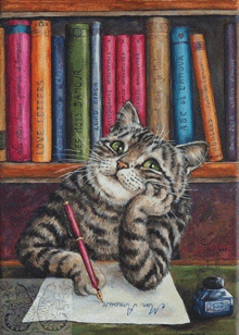 a painting of a cat writing on a piece of paper in front of a bookshelf with books titled love letters