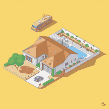 an isometric drawing of a house with a pool and a fire truck in the background