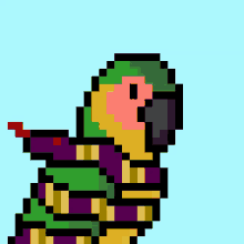 a pixel art of a parrot with a purple scarf around its neck .