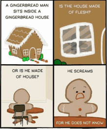 a gingerbread man sits inside of a gingerbread house