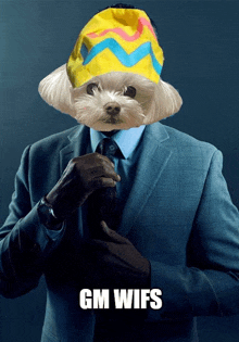 a man in a suit and tie with a dog on his head and the words gm wifs below him