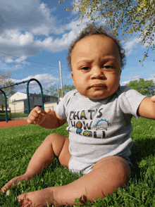 a baby wearing a shirt that says " that 's how old " sits in the grass