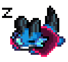 a pixel art drawing of a blue and purple monster with the letter h above it