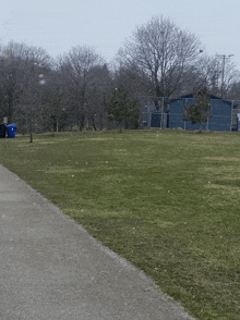 a blue trash can sits on the side of the road in a park