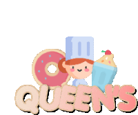 a logo for queen 's bakery with a chef holding a donut and cupcake