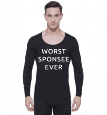 a man wears a black shirt that says worst sponse ever