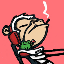 a cartoon of a monkey with headphones and a frog in his mouth