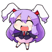 a cartoon character with purple hair and white ears is smiling