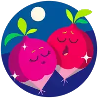 a cartoon illustration of two radishes with their eyes closed and a full moon in the background