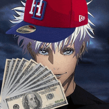 a person wearing a hat with the letter h on it holds a fan of 100 dollar bills