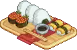 a pixel art illustration of a tray of sushi with chopsticks and sauce .