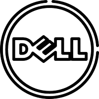 a black and white dell logo with a circle around it