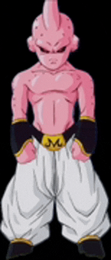 a cartoon character with a pink face and a yellow belt with the letter m on it