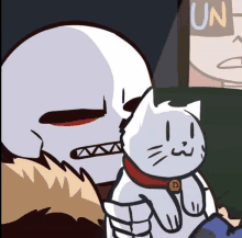 a cartoon drawing of a skeleton holding a cat with the word un on the bottom right