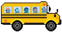 a pixel art illustration of a school bus with people riding on it