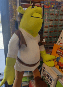 a stuffed shrek is standing in front of a pile of books