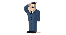 a cartoon man in a suit and tie salutes with his hand on his forehead