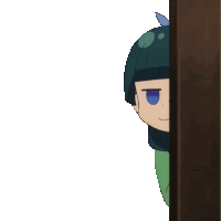 a cartoon character with blue eyes is peeking out from behind a wall