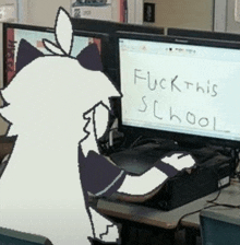 a drawing of a cat sitting in front of a computer with the words " fuck this school " written on the screen