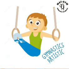 a cartoon illustration of a young boy doing gymnastics on rings