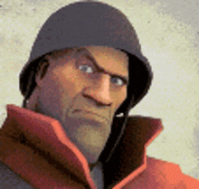 a close up of a cartoon soldier wearing a helmet and a red jacket .