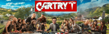 a group of people are gathered around a table with a sign that says cartryt