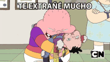 a cartoon of a man hugging another man with the words " te extrane mucho " on the bottom