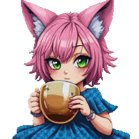 a girl with pink hair and green eyes is holding a cup of tea .