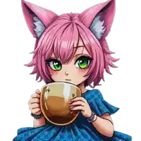 a girl with pink hair and green eyes is holding a cup of tea .