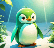 a green and white penguin with a yellow beak is standing on a snowy surface