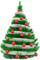 a green christmas tree decorated with red and white balls