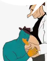 perry the platypus is kissing the belly of a man with a long nose