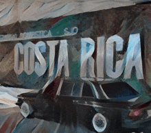 a painting of a car with costa rica written on the wall behind it