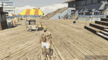 a man with a tattoo on his chest is standing on a boardwalk