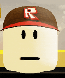 a roblox character wearing a baseball cap with a red r on it