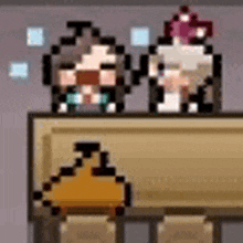 a group of pixel art characters are sitting at a table .