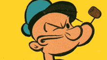 a close up of a cartoon character 's face with a pipe in his mouth