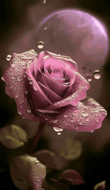 a close up of a purple rose with water drops