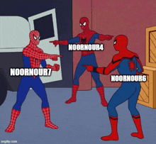 a cartoon of spider-man pointing at another spider-man with the words noornour7 and noornour4