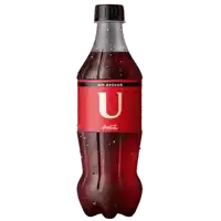 a bottle of coca-cola with the letter u on the label