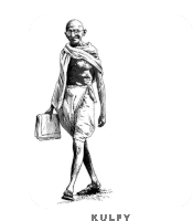 a black and white drawing of mahatma gandhi walking with a briefcase and a book .