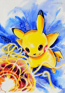 a drawing of a pikachu with a blue sky in the background and the word looking at the bottom