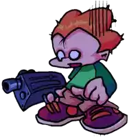 a cartoon character is holding a gun and has purple eyes