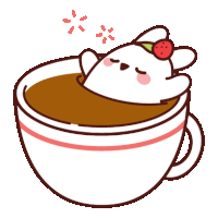 a bunny with a strawberry on its head is in a cup of coffee