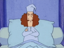 a cartoon character is laying in bed with his arms crossed and his mouth open