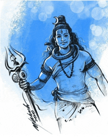 a drawing of a man holding a trident with the name mahesh written on it