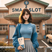 a girl stands in front of the sma 2 slot building