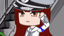 a cartoon character with red hair wearing a hat and white sleeves